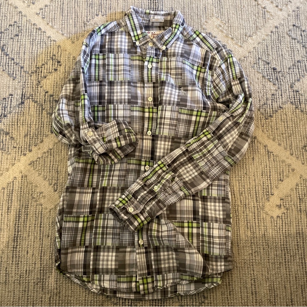 Original Penguin Heritage Slim Patchwork‎ Plaid Double Faced Button Down Shirt M